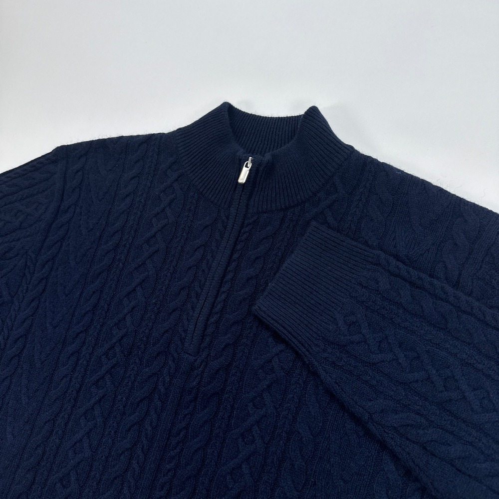 Peter Millar Mens Sweater L Blue Wool Yak Cashmere Crescent Ridge Cable 1/4 Zip